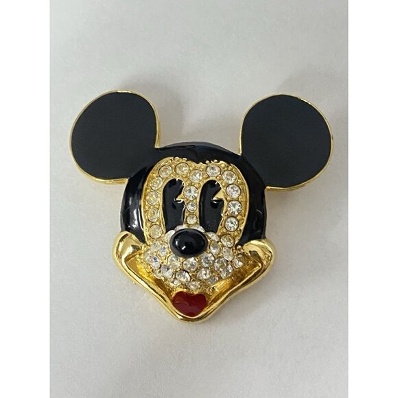 Disney Jewelry - Crystal Enamel Mickey Head Brooch Signed Disney Vintage